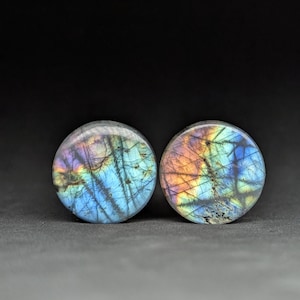Pair of  3/4&quot; Inch (19mm) Labradorite Stone Plugs AAA Grade