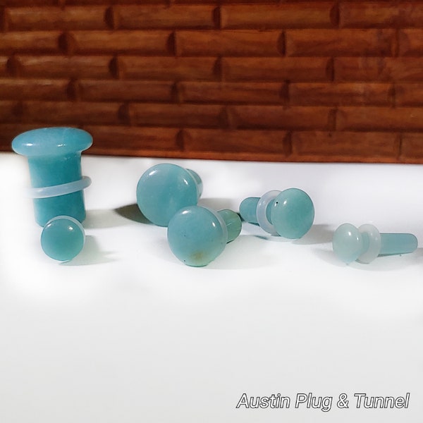 Stone Plugs Gauges - Amazonite Stone Plugs - Single Flare Body Jewelry for Stretched Ears - Natural Organic (Pair)