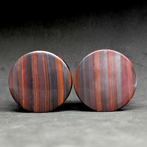 May include: Two round plugs with a striped pattern in shades of red, brown, and gray. The plugs have a smooth, polished surface and are likely made of stone or a similar material. The plugs are designed for stretched ear piercings.