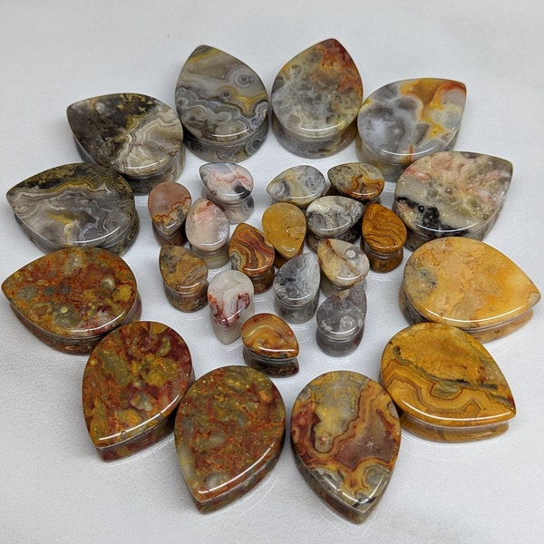 Teardrop pluggen van Crazy Lace-agaat: dubbele flaremeters (paar)