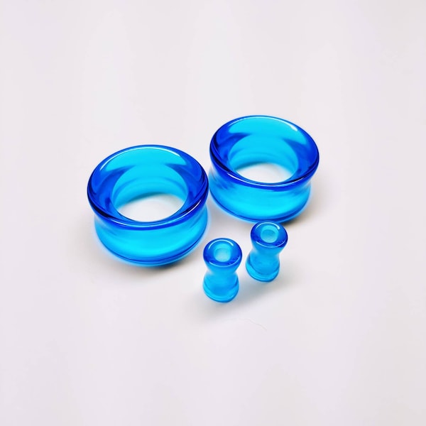 Ocean Blue Glass Tunnel Plugs: Double Flare Gauges (Pair)