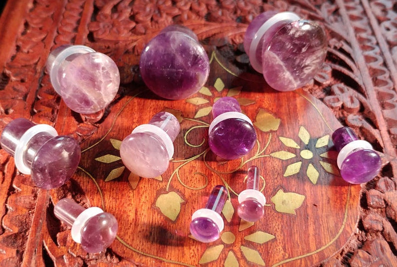 Stone Plugs Gauges Amethyst Stone Plugs Single Flare Body Jewelry for Stretched Ears Natural Organic Pair image 7