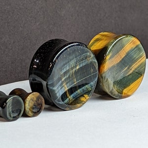 Concave Stone Plugs Gauges - Blue Tiger Eye Stone Plugs - Double Flare Body Jewelry for Stretched Ears - Natural Organic (Pair)