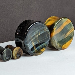 Blue Tiger Eye Stone Plugs: Concave Double Flare Gauges