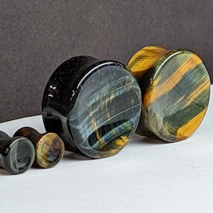 Concave Stone Plugs Gauges - Blue Tiger Eye Stone Plugs - Double Flare Body Jewelry for Stretched Ears - Natural Organic (Pair)