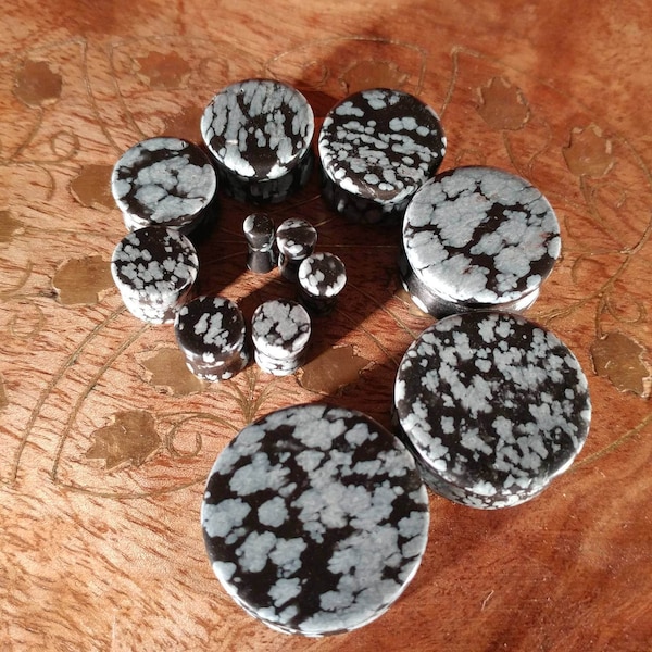 Stone Plugs Gauges - Snowflake Obsidian Stone Plugs - Double Flare Body Jewelry for Stretched Ears - Natural Organic (Pair)