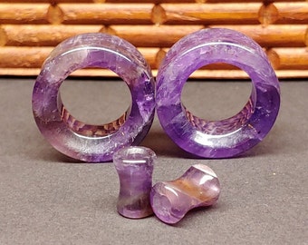 Stone Tunnel Plugs Gauges - Amethyst Stone Tunnels - Double Flare Body Jewelry for Stretched Ears - Natural Organic (Pair)