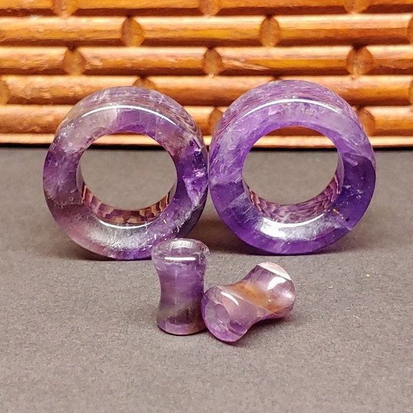 Stone Tunnel Plugs Gauges - Amethyst Stone Tunnels - Double Flare Body Jewelry for Stretched Ears - Natural Organic (Pair)