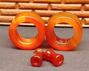 Stone Tunnel Plugs Gauges - Red Agate Stone Tunnels - Double Flare Body Jewelry for Stretched Ears - Natural Organic (Pair)