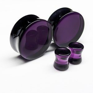 Glass Plugs Gauges - Dark Purple Black Glass Plugs - Double Flare Body Jewelry for Stretched Ears - Natural Organic (Pair)