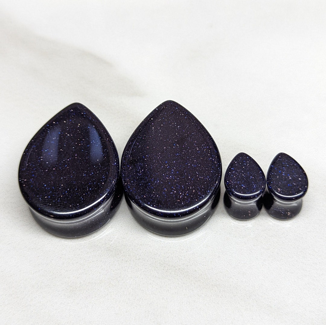 Teardrop Glass Plugs Gauges blue Goldstone Glass Plugs Double Flare