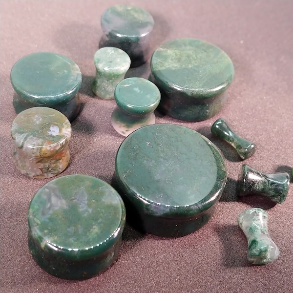 Stone Plugs Gauges - Green Moss Agate Stone Plugs - Double Flare Body Jewelry for Stretched Ears - Natural Organic (Pair)