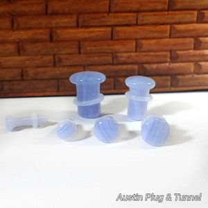 Stone Plugs Gauges - Blue Stripe Agate Stone Plugs - Single Flare Body Jewelry for Stretched Ears - Natural Organic (Pair)