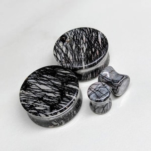 Stone Plugs Gauges - Black Net Jasper Stone Plugs - Double Flare Body Jewelry for Stretched Ears - Natural Organic (Pair)