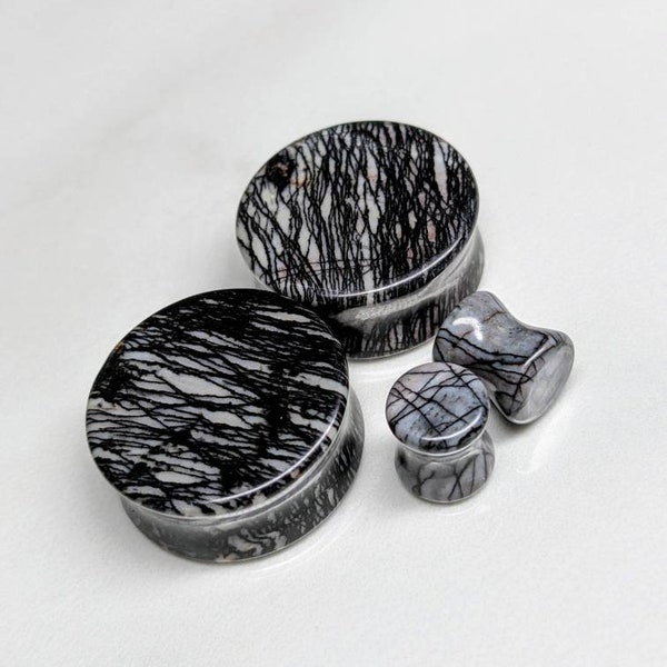 Stone Plugs Gauges - Black Net Jasper Stone Plugs - Double Flare Body Jewelry for Stretched Ears - Natural Organic (Pair)