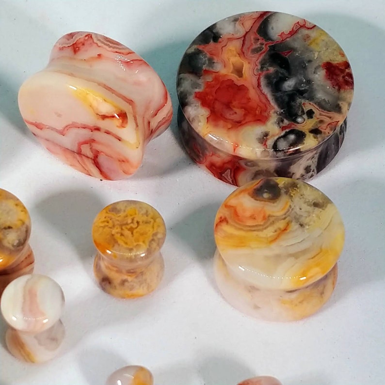 Stone Plugs Gauges Crazy Lace Agate Stone Plugs Double Flare Body Jewelry for Stretched Ears Natural Organic Pair image 5