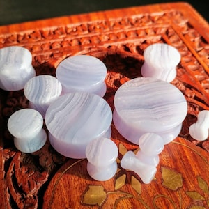 Stone Plugs Gauges - Blue Stripe Agate Stone Plugs - Double Flare Body Jewelry for Stretched Ears - Natural Organic (Pair)