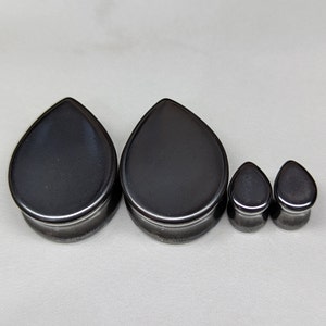 Teardrop Stone Plugs Gauges - Hematite Stone Plugs - Double Flare Body Jewelry for Stretched Ears - Natural Organic (Pair)