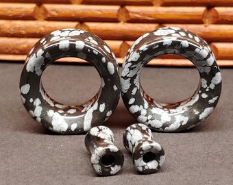 Stone Tunnel Plugs Gauges - Snowflake Obsidian Stone Tunnels - Double Flare Body Jewelry for Stretched Ears - Natural Organic (Pair)