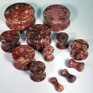 May include: A set of 10 stone ear gauges in various sizes, featuring a red, brown, and white marbled pattern.