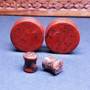 Stone Plugs Gauges - Red Brecciated Stone Plugs - Double Flare Body Jewelry for Stretched Ears - Natural Organic (Pair)