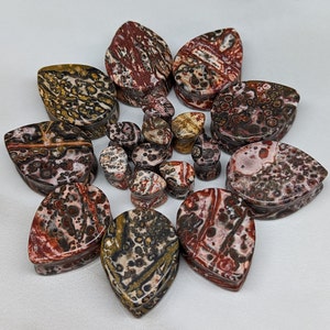 May include: A set of 14 teardrop-shaped stone plugs in various shades of brown, red, and white with a speckled pattern.