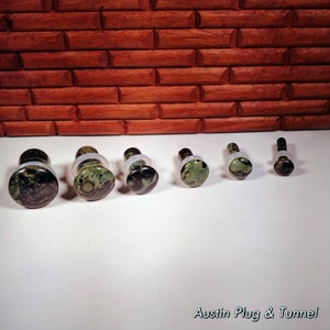 Green Eye Jasper Stone Plugs: Single Flare, Stretched Ear Jewelry (Pair)