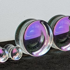 Concave Glass Plugs Gauges - Rainbow Glass Plugs - Double Flare Body Jewelry for Stretched Ears - Natural Organic (Pair)
