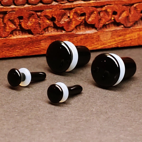 Stone Plugs Gauges - Black Agate Stone Plugs - Single Flare Body Jewelry for Stretched Ears - Natural Organic (Pair)