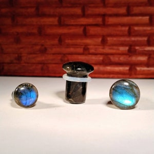 Stone Plugs Gauges - Labradorite Stone Plugs - Single Flare Body Jewelry for Stretched Ears - Natural Organic (Pair)