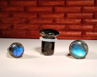 Stone Plugs Gauges - Labradorite Stone Plugs - Single Flare Body Jewelry for Stretched Ears - Natural Organic (Pair)