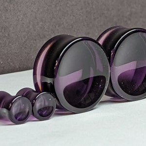 Concave Glass Plugs Gauges - Dark Purple Black Glass Plugs - Double Flare Body Jewelry for Stretched Ears - Natural Organic (Pair)