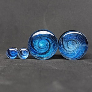 Glass Plugs Gauges - Blue Galaxy Swirl Art Glass Plugs - Double Flare Body Jewelry for Stretched Ears - Natural Organic (Pair)