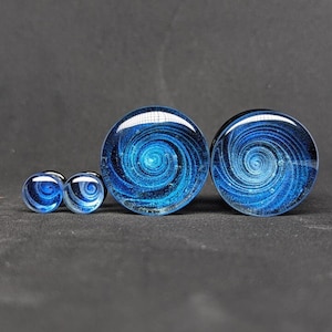 Glass Plugs Gauges - Blue Galaxy Swirl Art Glass Plugs - Double Flare Body Jewelry for Stretched Ears - Natural Organic (Pair)