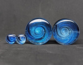 Glass Plugs Gauges - Blue Galaxy Swirl Art Glass Plugs - Double Flare Body Jewelry for Stretched Ears - Natural Organic (Pair)