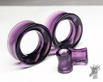 Glass Tunnel Plugs Gauges - Dark Purple Glass Tunnels - Double Flare Body Jewelry for Stretched Ears - Natural Organic (Pair)