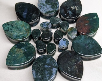 Teardrop Stone Plugs Gauges - Green Moss Agate Stone Plugs - Double Flare Body Jewelry for Stretched Ears - Natural Organic (Pair)