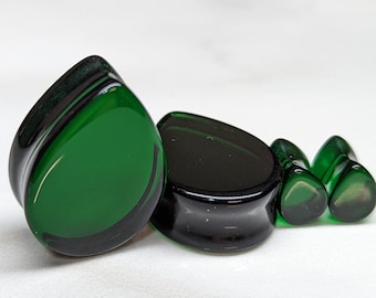 Teardrop  Glass Plugs Gauges - Dark Green/Black Glass Plugs - Double Flare Body Jewelry for Stretched Ears - Natural Organic (Pair)