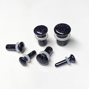 Glass Plugs Gauges - Blue Goldstone Glass Plugs - Single Flare Body Jewelry for Stretched Ears - Natural Organic (Pair)
