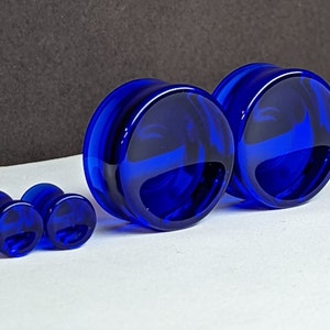 Concave Glass Plugs Gauges - Dark Blue/Black Glass Plugs - Double Flare Body Jewelry for Stretched Ears - Natural Organic (Pair)