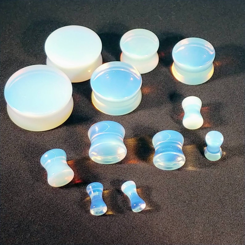 Stone Plugs Gauges - Opalite Stone Plugs - Double Flare Body Jewelry for Stretched Ears - Natural Organic (Pair)