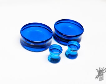 Glass Plugs Gauges - Ocean Blue Glass Plugs - Double Flare Body Jewelry for Stretched Ears - Natural Organic (Pair)