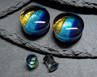 Blau & Gold Kunst Glas Stecker: Double Flare Gestreckter Ohrschmuck