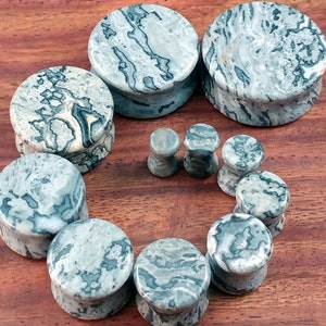 Stone Plugs Gauges - Gray Wave Jasper Stone Plugs - Double Flare Body Jewelry for Stretched Ears - Natural Organic (Pair)