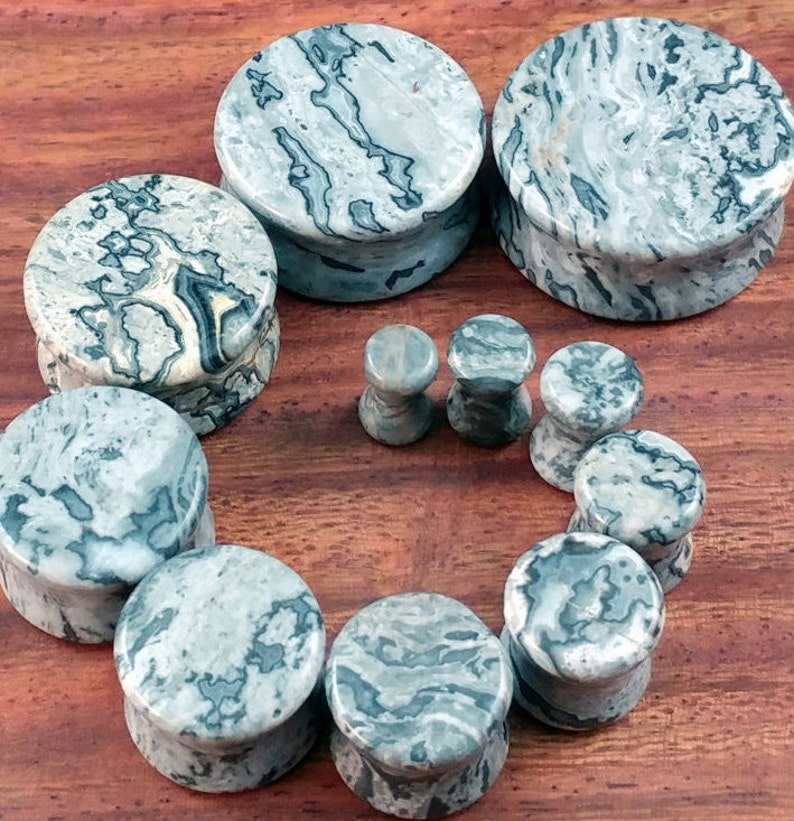 Stone Plugs Gauges Gray Wave Jasper Stone Plugs Double Flare Body Jewelry for Stretched Ears Natural Organic Pair image 1