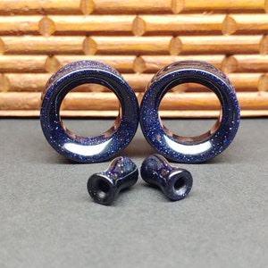 Glass Tunnel Plugs Gauges - Blue Goldstone Glass Tunnels - Double Flare Body Jewelry for Stretched Ears - Natural Organic (Pair)