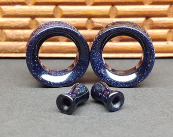 Glass Tunnel Plugs Gauges - Blue Goldstone Glass Tunnels - Double Flare Body Jewelry for Stretched Ears - Natural Organic (Pair)