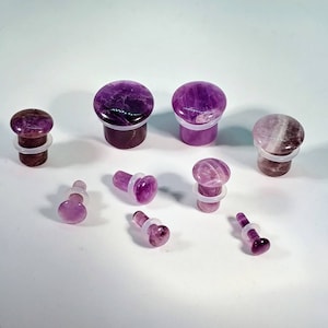 Stone Plugs Gauges - Amethyst Stone Plugs - Single Flare Body Jewelry for Stretched Ears - Natural Organic (Pair)