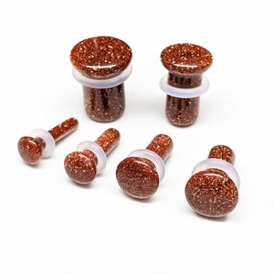 Glass Plugs Gauges - Goldstone Glass Plugs - Single Flare Body Jewelry for Stretched Ears - Natural Organic (Pair)