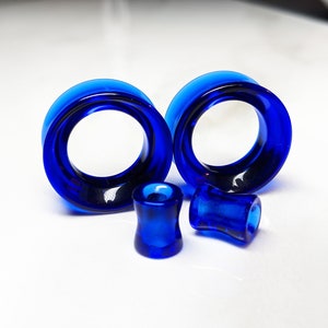 Glass Tunnel Plugs Gauges - Dark Blue Glass Tunnels - Double Flare Body Jewelry for Stretched Ears - Natural Organic (Pair)